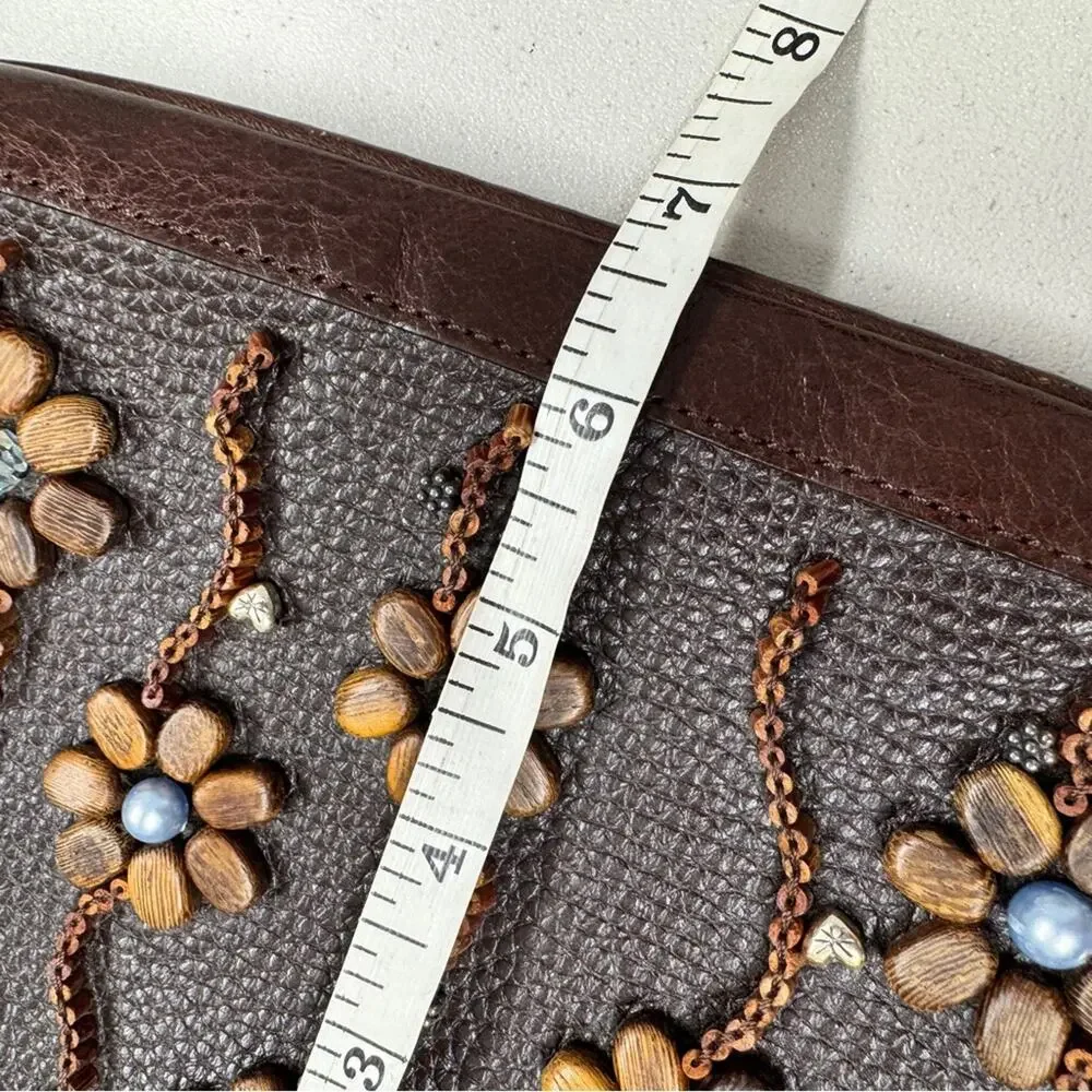 Brighton Vintage Brown Leather Wood Beaded Crossbody Handbag Purse Boho Bag